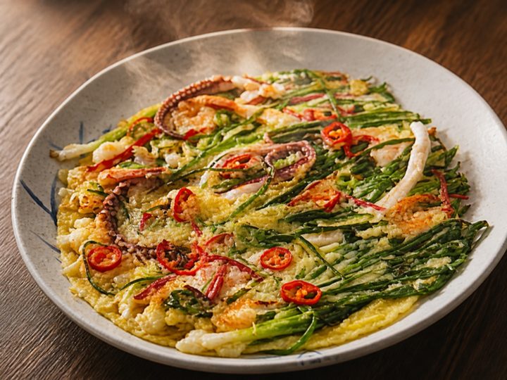 해물파전 (Seafood & Green Onion Pancake)
